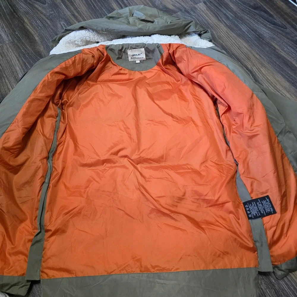 Orolay Thickened Down Jacket Olive Green Orange Lining Sherpa Hood Mens Large